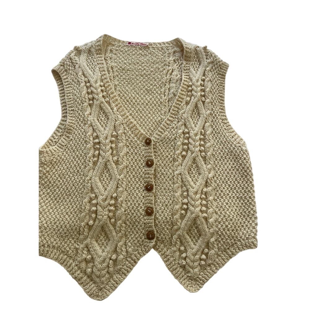 Vintage Cream Cable Knit Sweater Vest Bobble Popcorn Stitch V-Neck Boho Medium